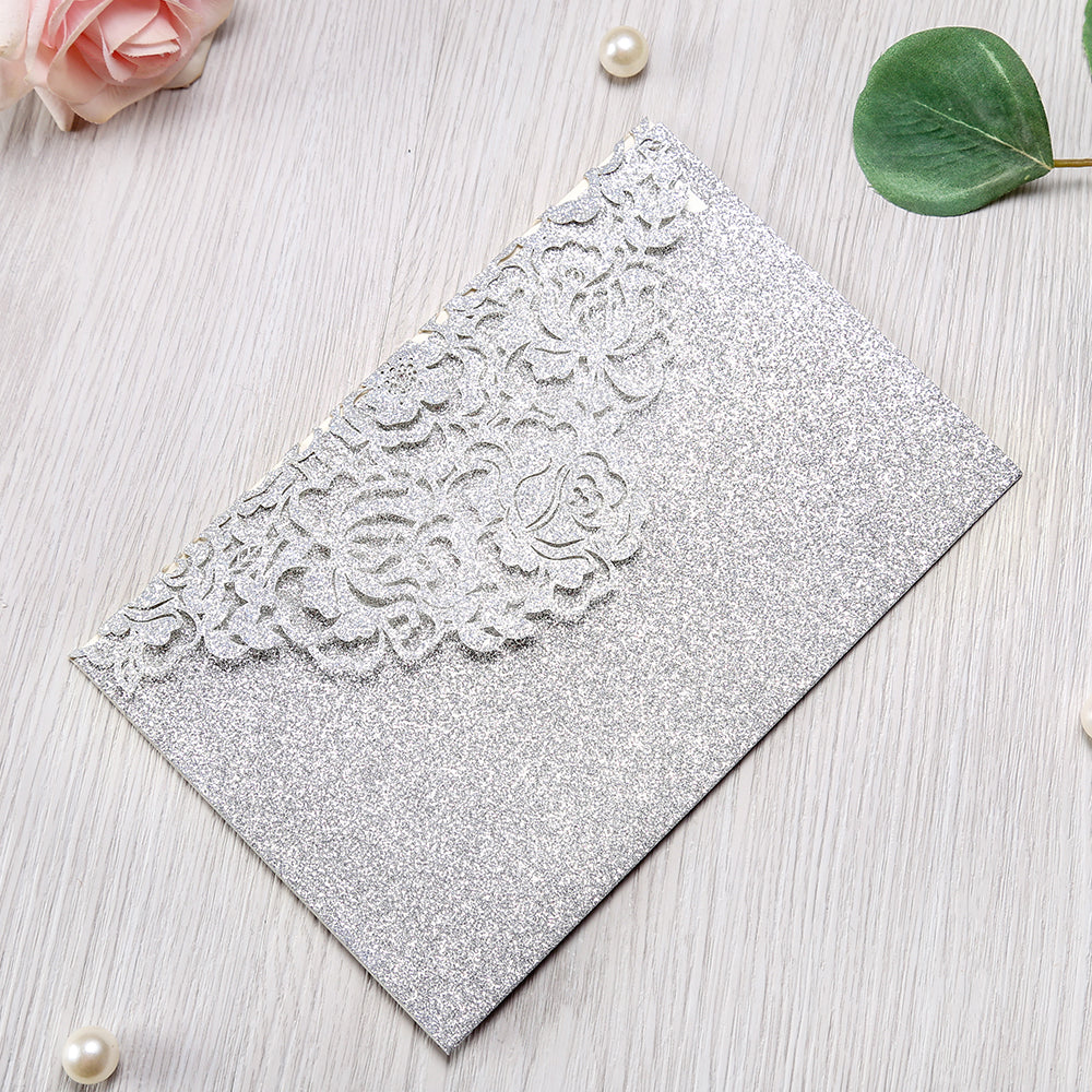 Glitter Silver Floral Laser cut invitation cards for Quinceanera - DorisHome