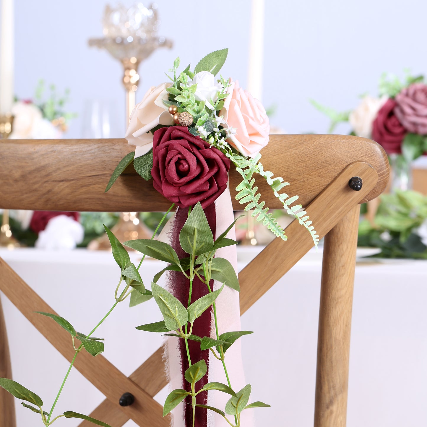 Wedding Aisle Decorations Burgundy Pew Flowers Set of 10 for Wedding Ceremony Party Chair Decor with Artificial Flowers Eucalyptus and Ribbons