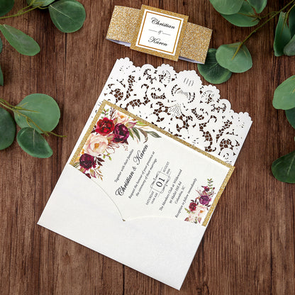 White Hollow Flora Laser Cut Invitations with Gold Glitter Border and Glitter Belly Band for wedding,bridal shower