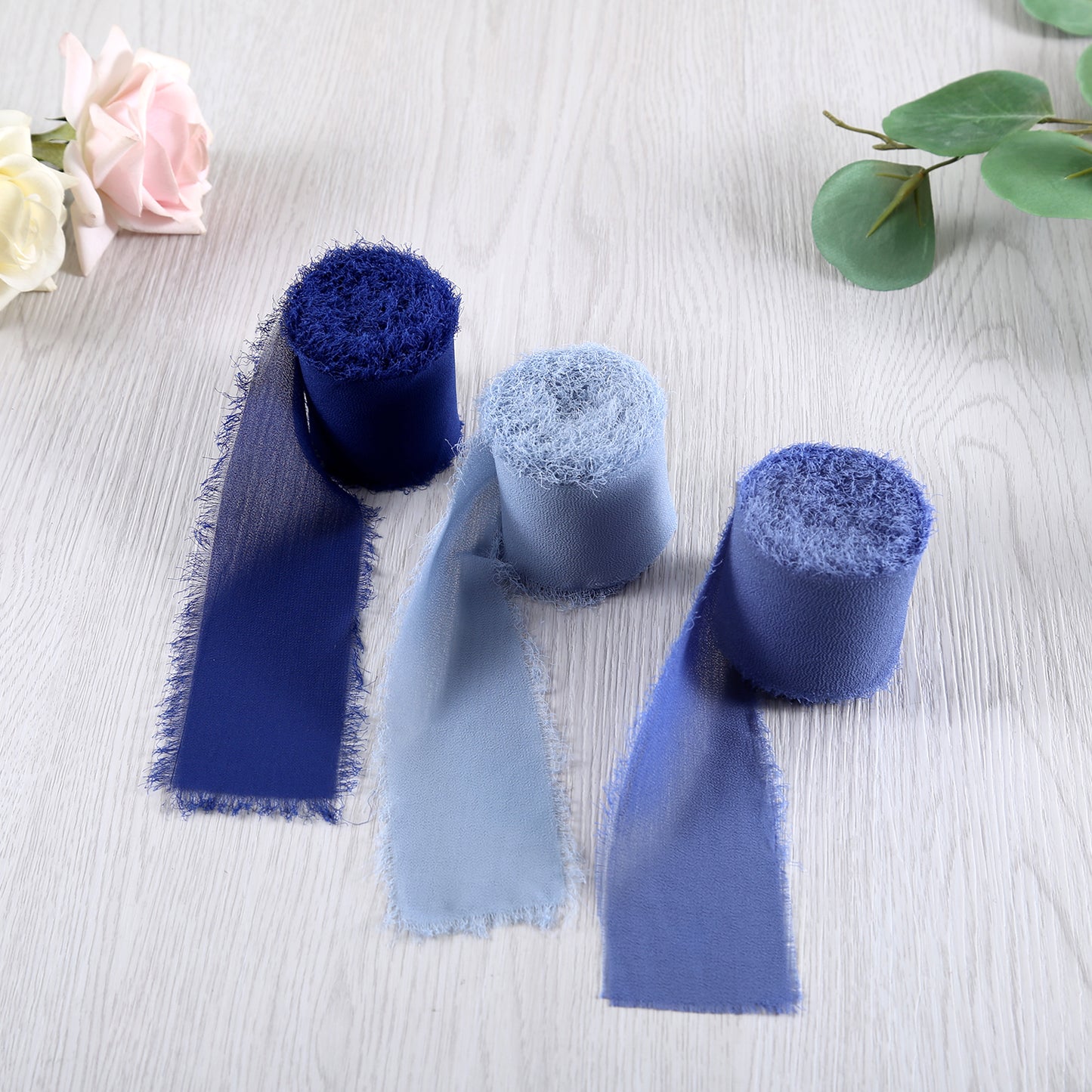 Handmade Fringe Chiffon Silk-Like Ribbon 2" x 7Yd Set of 3 Rolls Ribbons for Wedding Invitations, Bouquets, Gift Wrapping (3 Rolls Navy Blue/Crayola Blue/Dusty Blue)