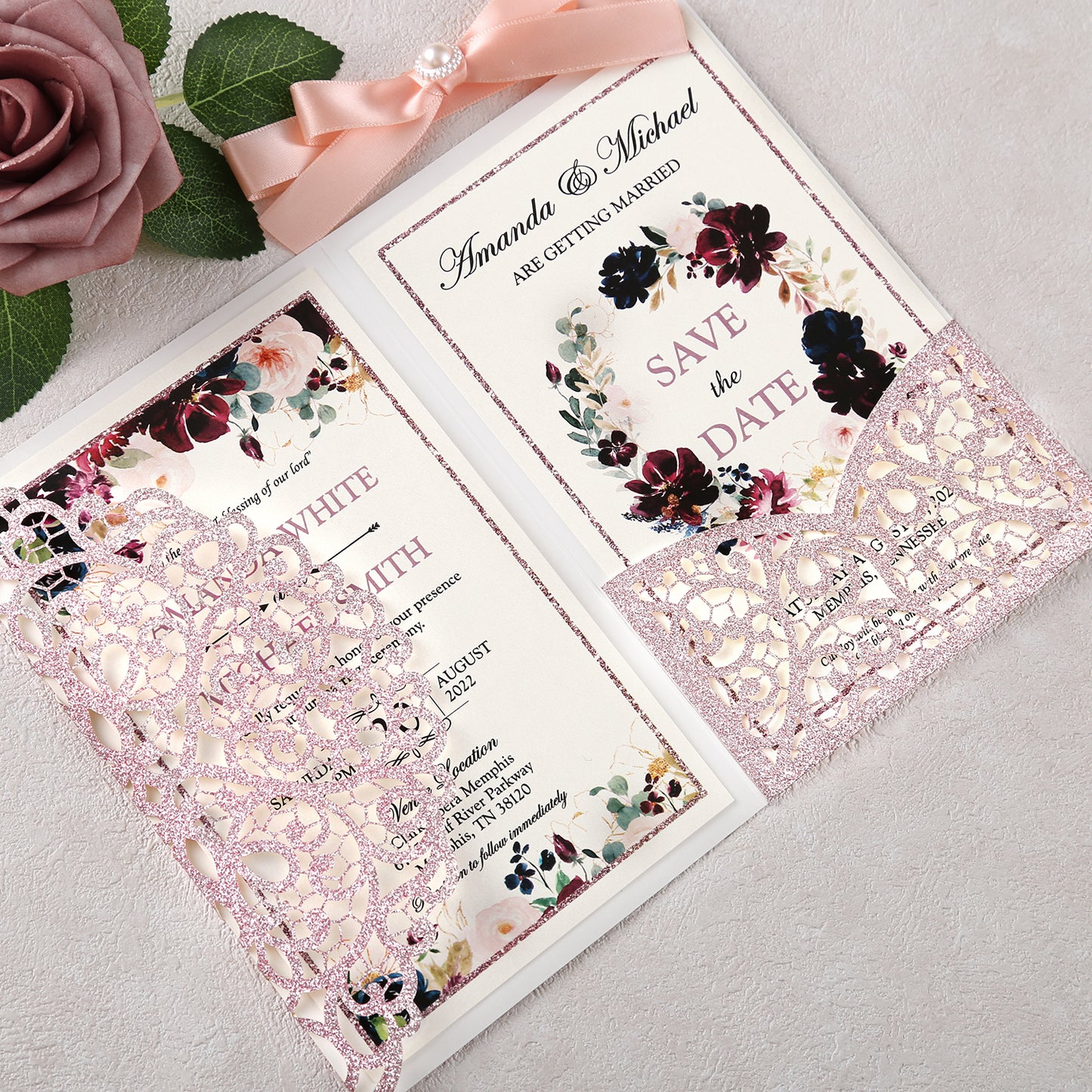 4.7 x7 inch Rose Gold Glitter Laser Cut Hollow Rose Wedding Invitations Cards with Envelopes for Wedding Party