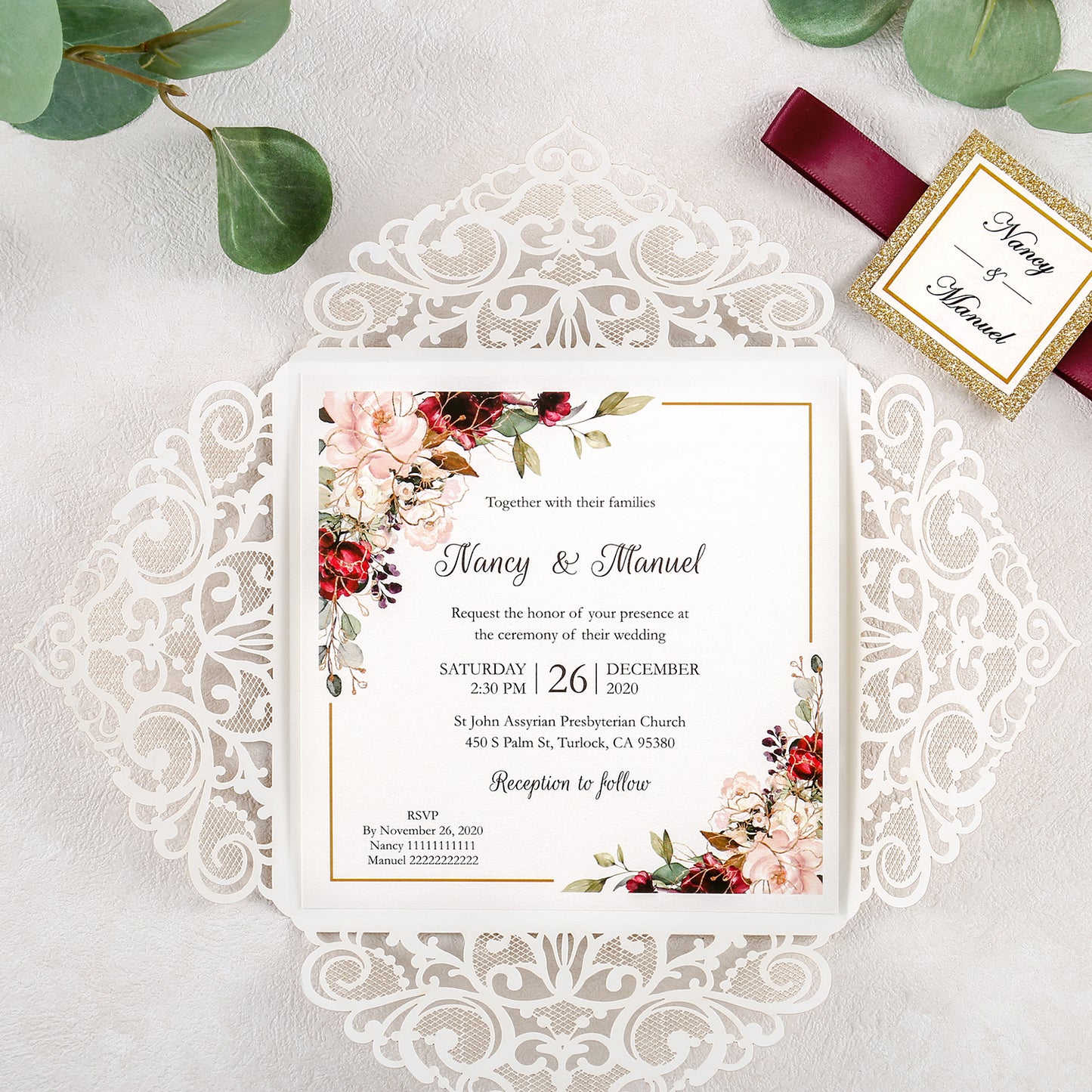 Square Rose Gold Glitter Wedding Invitations with Glitter Belly Band for Wedding 的副本 - DorisHome