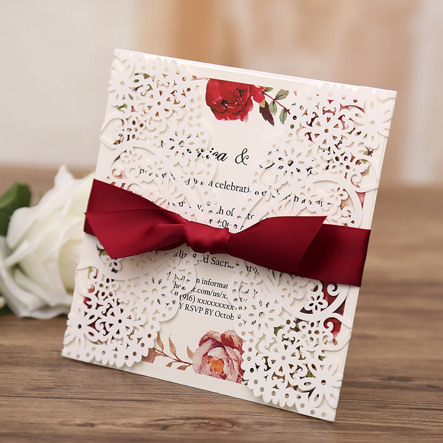 Square Invitations Cards With Burgundy Ribbon For Wedding
