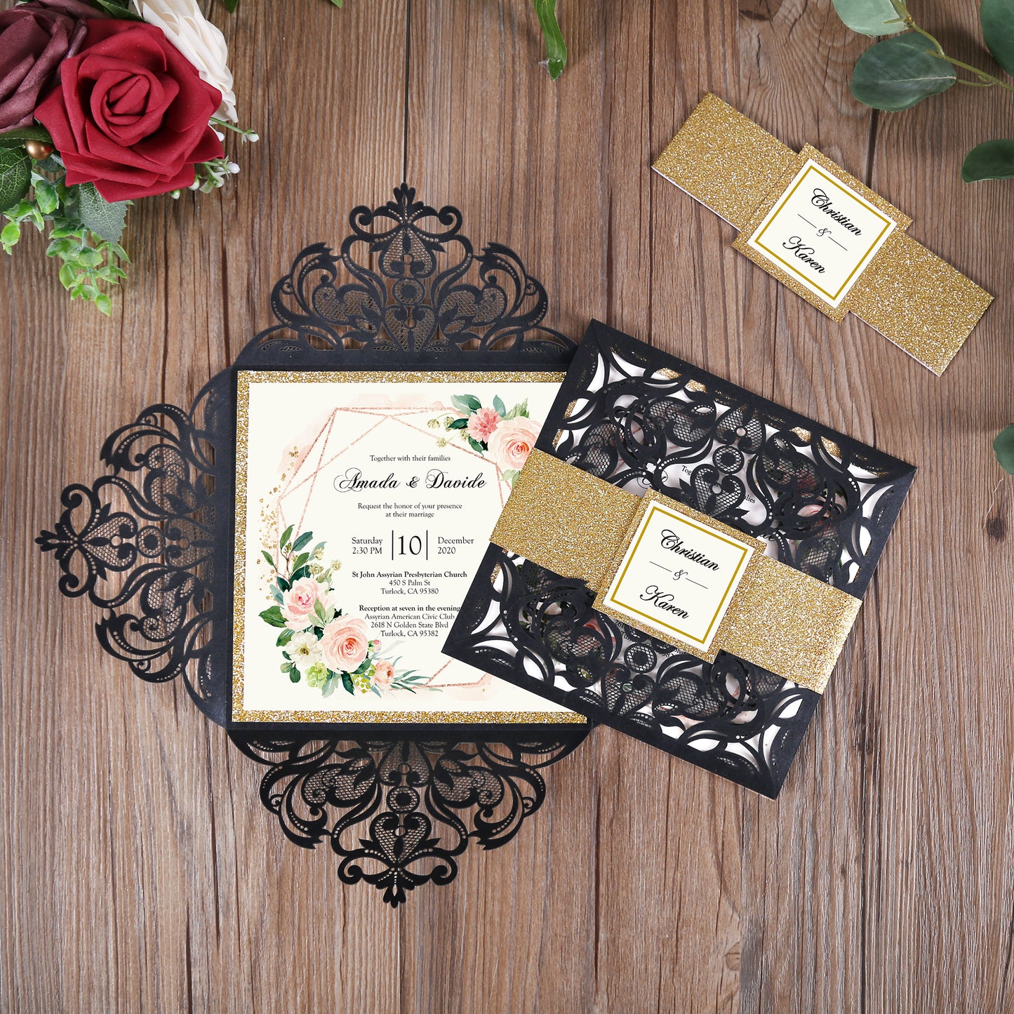 Square Black Laser Cut Lace Flower Invitations Cards