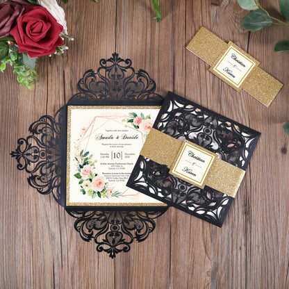 Square Black Laser Cut Lace Flower Invitations Cards - DorisHome
