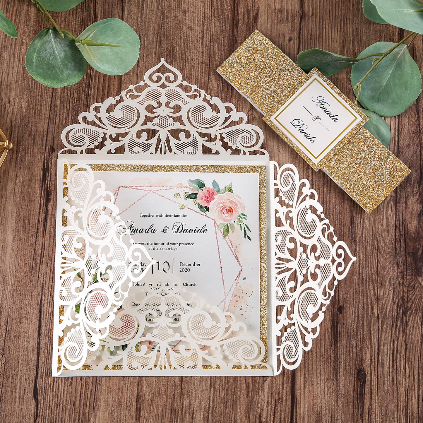 Square Ivory Wedding Invitations with Gold Glitter Border with Gold Band for Wedding, Bridal Shower, Dinner, Party