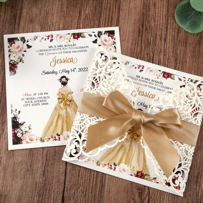 Square Wedding Invitations Cards with Gold Ribbon For Quinceanera - DorisHome