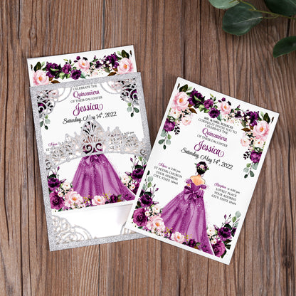 DreamBuilt Silver Glitter Invitations Purple Greeting Cards For Quinceanera - DorisHome