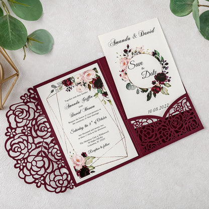DreamBuilt 4.7 x7 inch Burgundy Laser Cut Hollow Rose Wedding Invitations Cards with Burgundy Pockets and Envelopes for Wedding Bridal Shower
