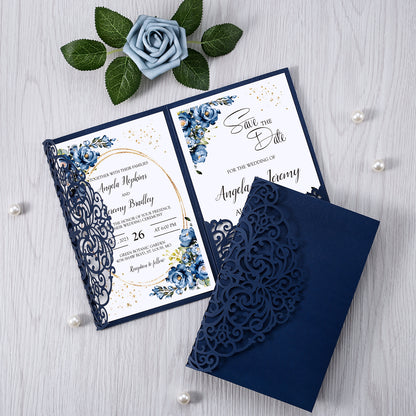 4.7 x7 inch Blue Laser Cut Hollow Rose Wedding Invitations Cards with Envelopes for Wedding Party - DorisHome