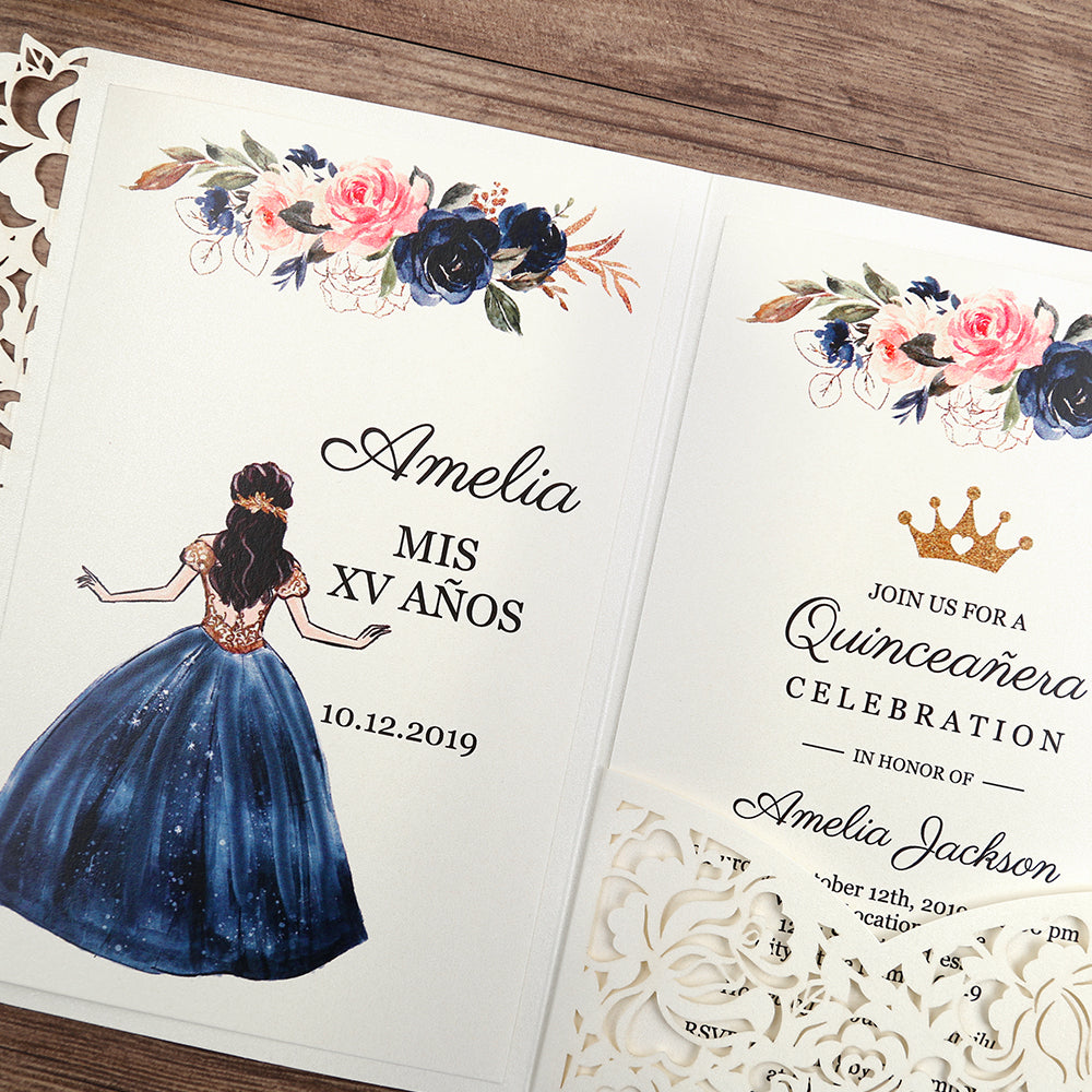 White Floral Laser cut invitation cards for Quinceanera - DorisHome