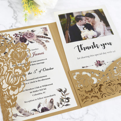 Gold Floral Laser cut invitation cards for Wedding, Anniversary - DorisHome