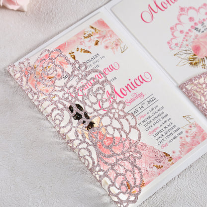 4.7 x7 inch Rose Gold Glitter Laser Cut Hollow Rose Wedding Invitations Cards with Glitter Pockets and Envelopes for Quincenera Birthday Party - DorisHome