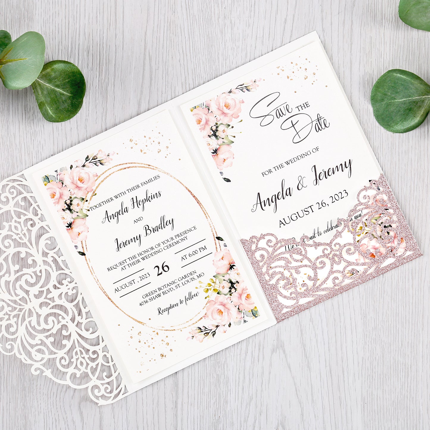 4.7 x7 inch Rose Gold Glitter Laser Cut Hollow Rose Wedding Invitations Cards with Glitter Pockets and Envelopes for Wedding Party - DorisHome