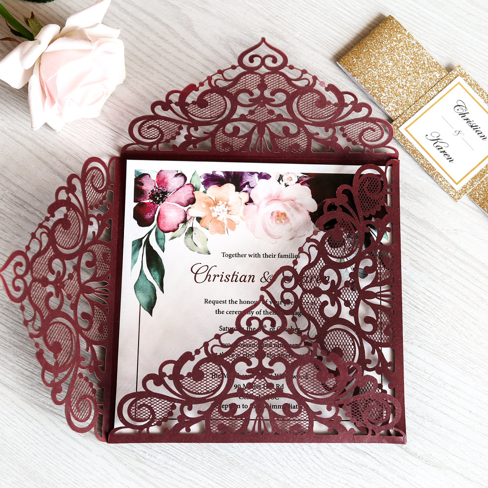 Square Burgundy Wedding Invitations with Gold Glitter Belly Band for Wedding - DorisHome