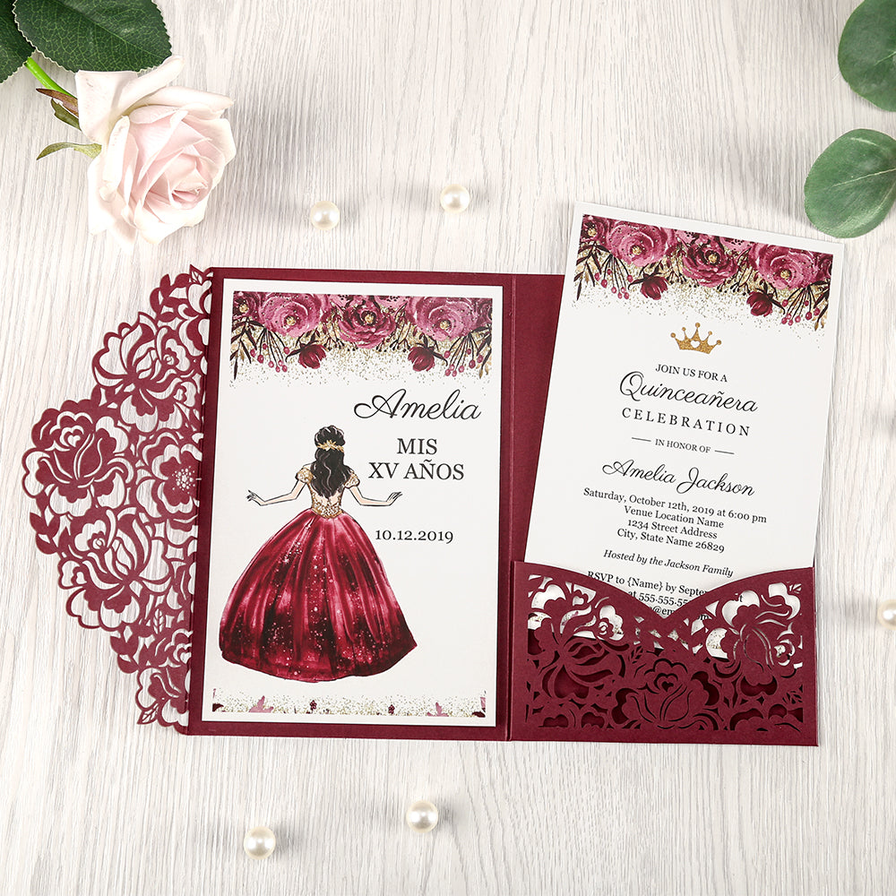 Burgundy Floral Laser cut invitation cards for Quinceanera - DorisHome