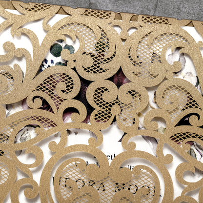 Vertical Burgundy Floral Laser cut invitations for Wedding Anniversary