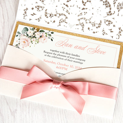 White Hollow Flora Laser Cut Invitations with Gold Glitter Border and Pink Ribbons for wedding,bridal shower - DorisHome