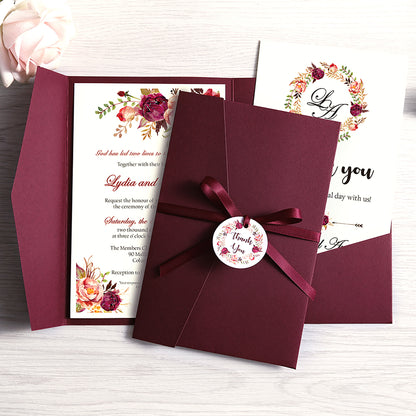 Pocket Burgundy Wedding Invitations Greeting Cards - DorisHome