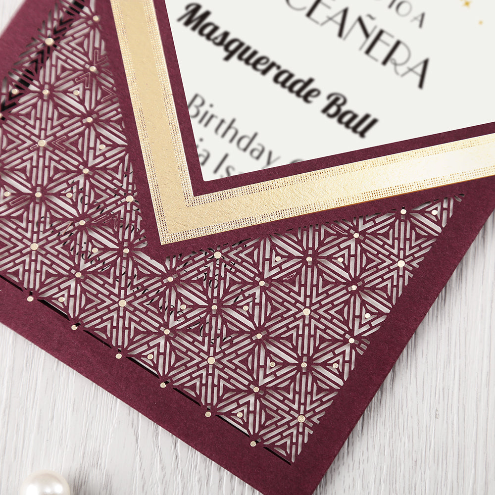 Burgundy Floral Laser cut invitation cards for Wedding, Anniversary, Quinceanera - DorisHome