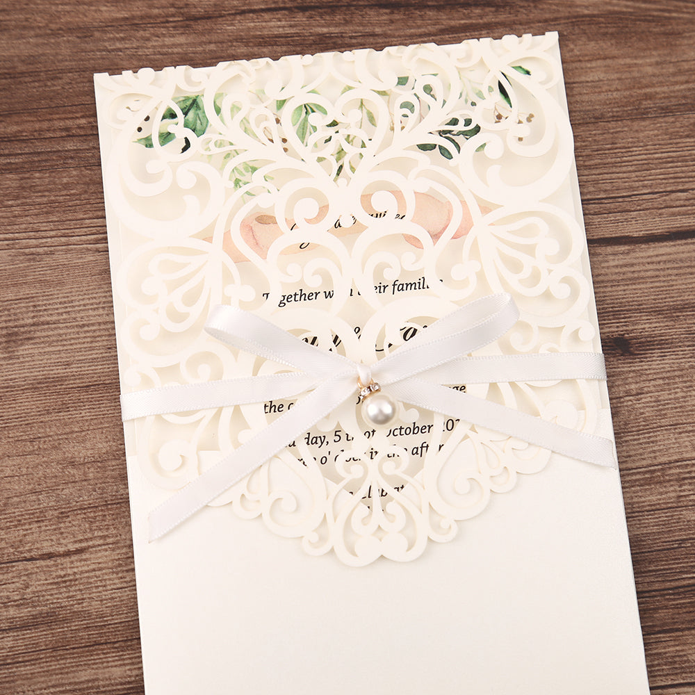 Vertical White Floral Laser cut invitations for Wedding Anniversary - DorisHome