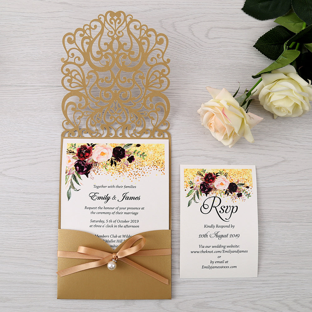 Gold Floral Laser Cut Invitation Card With Belly Band And Pearl For Wedding Anniversary - DorisHome