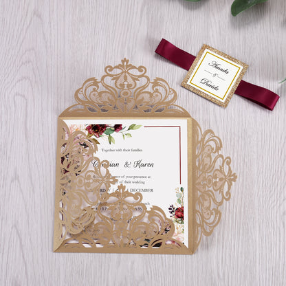Square Gold Laser Cut Lace Flower Invitations Cards - DorisHome