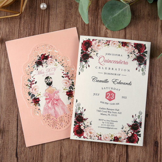 Pocket Pink Wedding Invitations Greeting Cards For Quinceanera