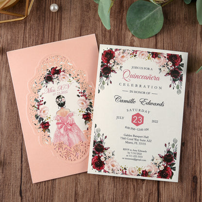 Pocket Pink Wedding Invitations Greeting Cards For Quinceanera - DorisHome