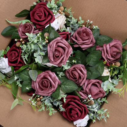 Wedding Aisle Decorations Mauve Burgundy Pew Flowers Set of 10 for Wedding Ceremony Party Chair Decor with Artificial Flowers Eucalyptus and Ribbons