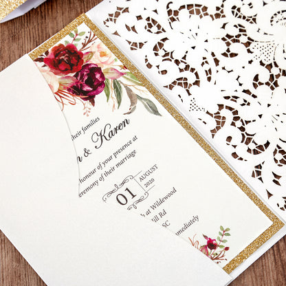 White Hollow Flora Laser Cut Invitations with Gold Glitter Border and Glitter Belly Band for wedding,bridal shower