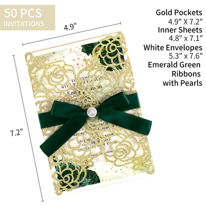 Gold Glitter Floral Laser cut invitation cards with Emerald Green Ribbon and Pearl for Wedding Anniversary