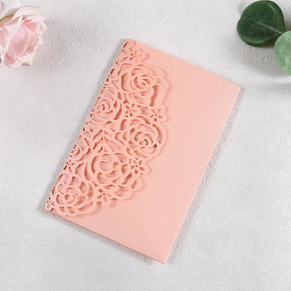 4.7 x7 inch Pink Laser Cut Hollow Rose Wedding Invitations Cards with Pearlized Pockets and Envelopes for Wedding Bridal Shower - DorisHome
