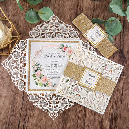 DreamBuilt Square Ivory Wedding Invitations with Gold Glitter Border with Gold Band for Wedding, Bridal Shower, Dinner, Party - DorisHome