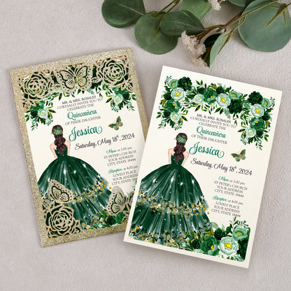Light Gold Glitter with Hollow Butterflies Invitations Greeting Cards For Quinceanera