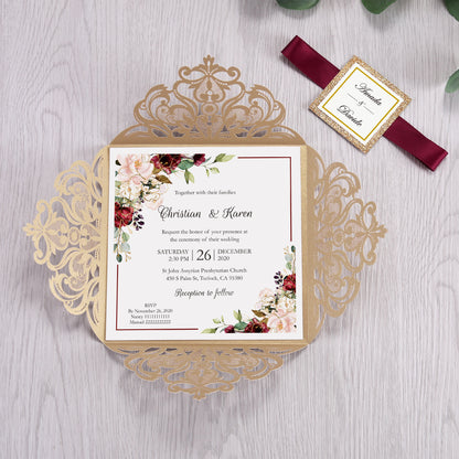 Square Gold Laser Cut Lace Flower Invitations Cards - DorisHome