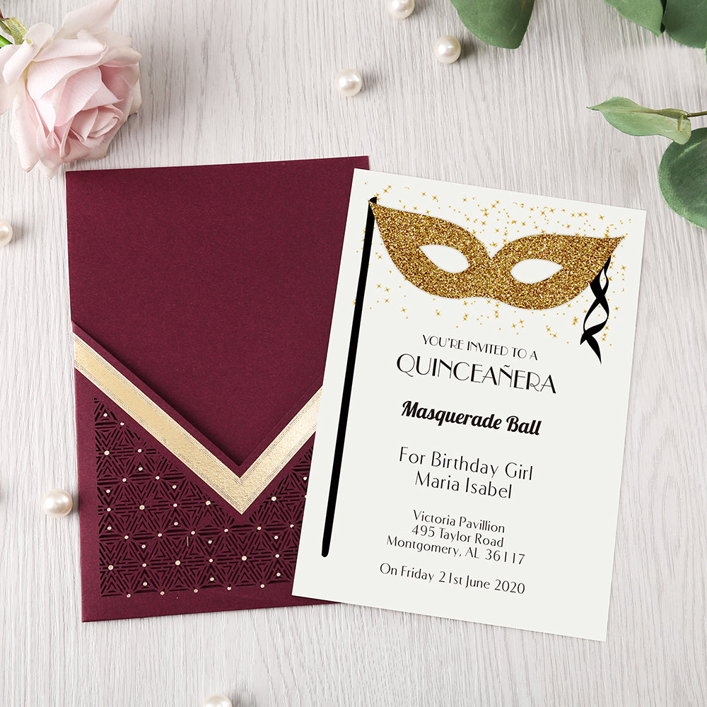 Burgundy Floral Laser cut invitation cards for Wedding, Anniversary, Quinceanera - DorisHome