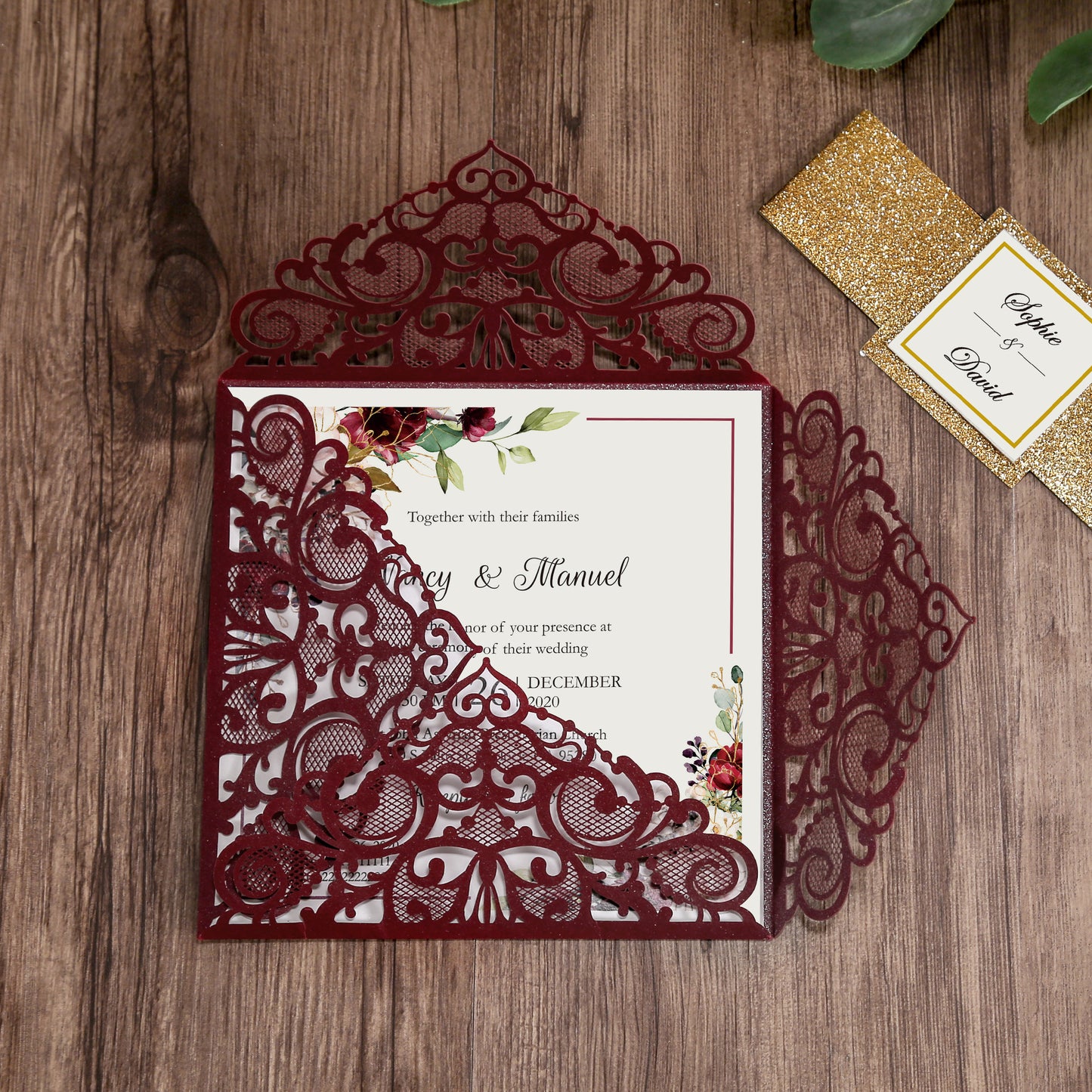 Square Burgundy Wedding Invitations with Gold Glitter Belly Band for Wedding