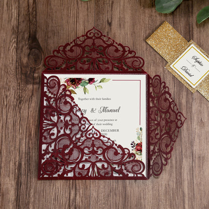 DreamBuilt Square Burgundy Wedding Invitations with Gold Glitter Belly Band for Wedding - DorisHome