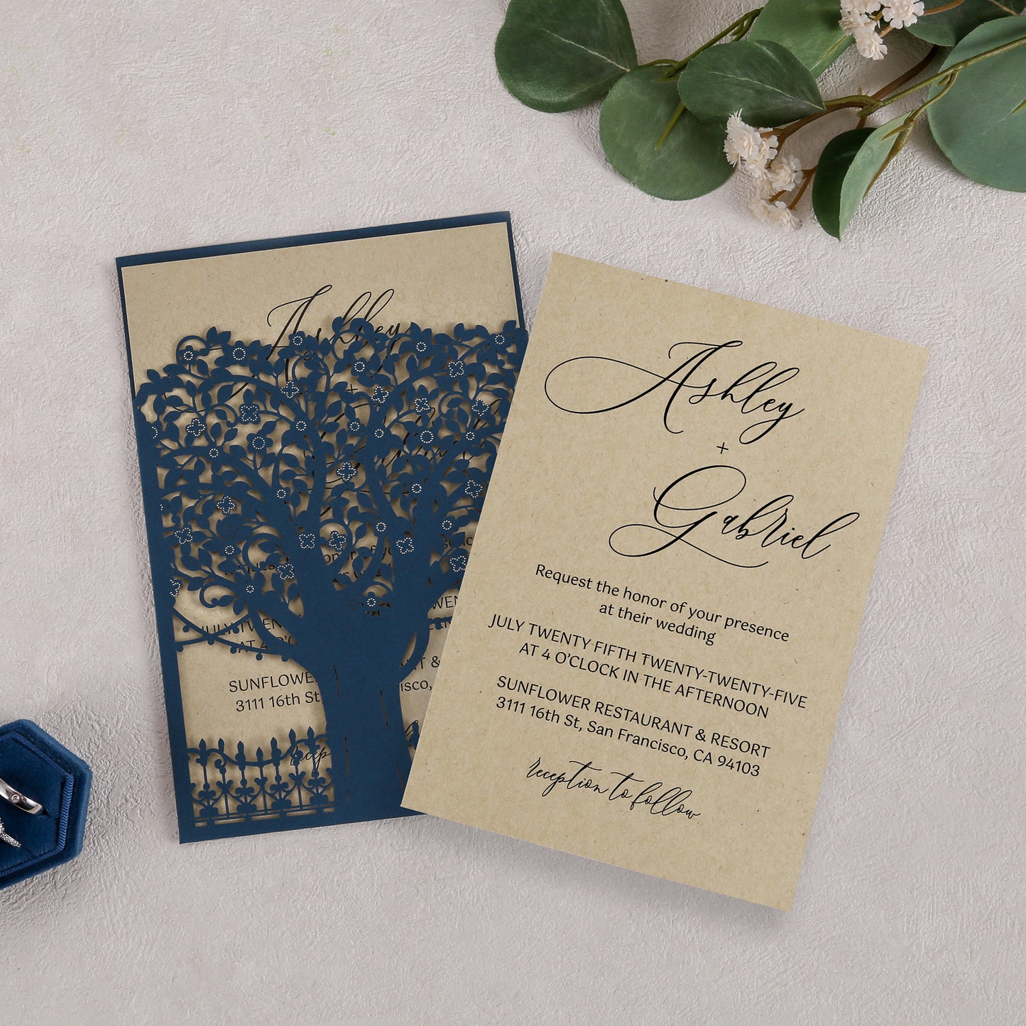 Laser Cut Wedding Invitations with Envelopes Navy Blue, Kraft Paper Invitation Cards for Wedding, Invitations with Envelopes