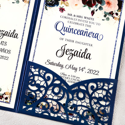 4.7 x7 inch Blue Laser Cut Hollow Rose Quinceanera Invitations Cards with Envelopes for Quinceanera Party