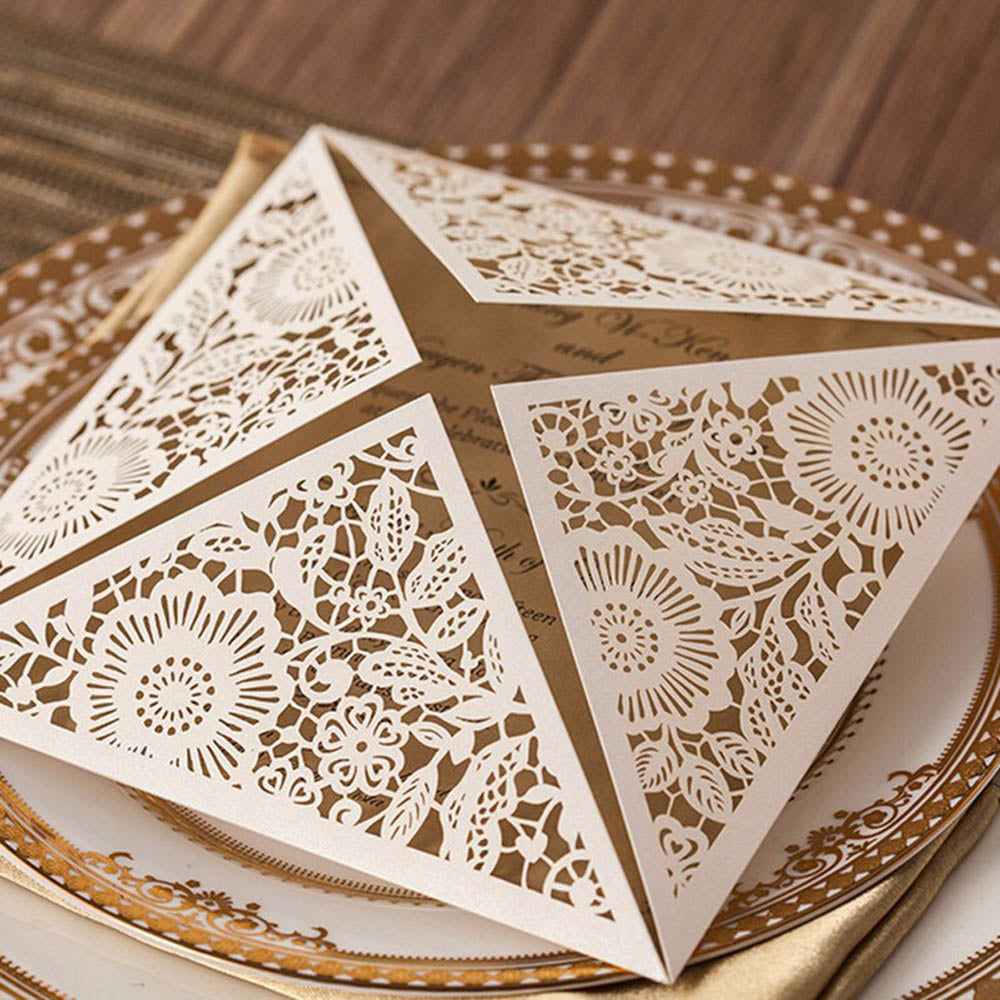 Square Gold Lase-cut Lace Flower Pattern Wedding Invitations - DorisHome