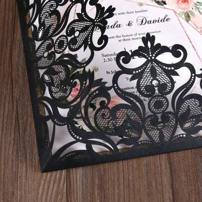 Square Black Laser Cut Lace Flower Invitations Cards - DorisHome