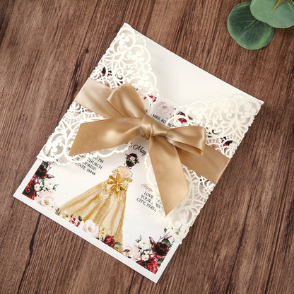 Square Wedding Invitations Cards with Gold Ribbon For Quinceanera - DorisHome