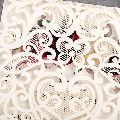 Vertical Burgundy Floral Laser cut invitations for Wedding Anniversary