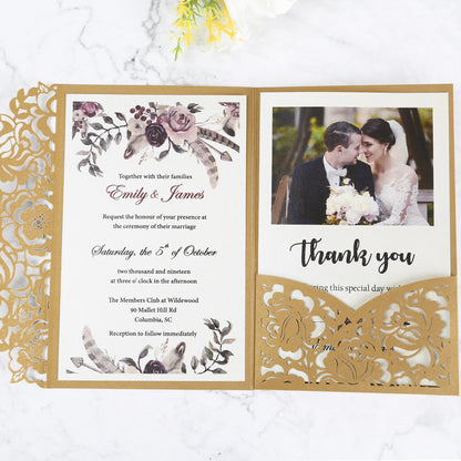 Gold Floral Laser cut invitation cards for Wedding, Anniversary - DorisHome