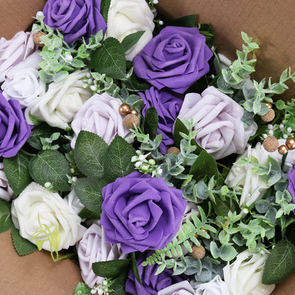 Wedding Aisle Decorations Purple Pew Flowers Set of 10 for Wedding Ceremony Party Chair Decor with Artificial Flowers Eucalyptus and Ribbons