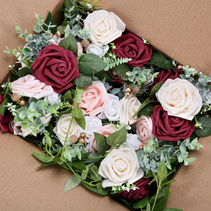 Wedding Aisle Decorations Burgundy Pew Flowers Set of 10 for Wedding Ceremony Party Chair Decor with Artificial Flowers Eucalyptus and Ribbons