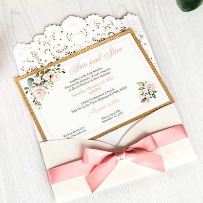 White Hollow Flora Laser Cut Invitations with Gold Glitter Border and Pink Ribbons for wedding,bridal shower - DorisHome