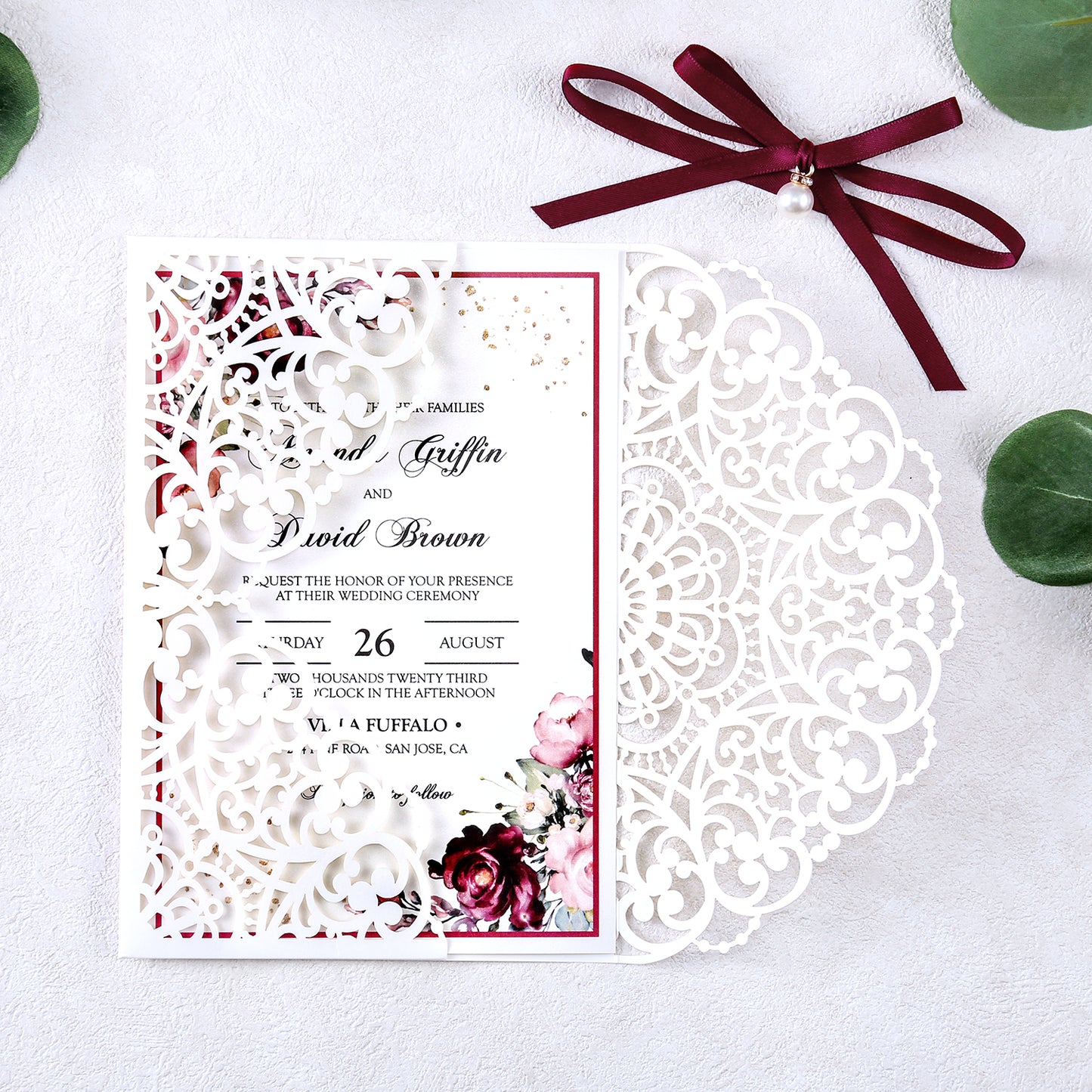 5 X 7.2" Laser Cut Hollow Rose Wedding invitations Cards With Burgundy Ribbon And Envelopes For Wedding Bridal Shower Engagement - DorisHome